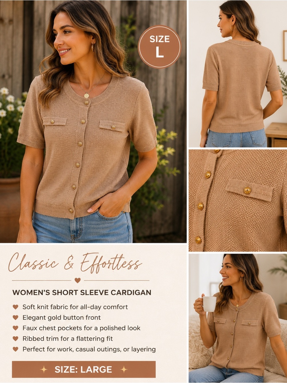 Peony Garden Short Sleeve Knit Cardigan - Camel LARGE